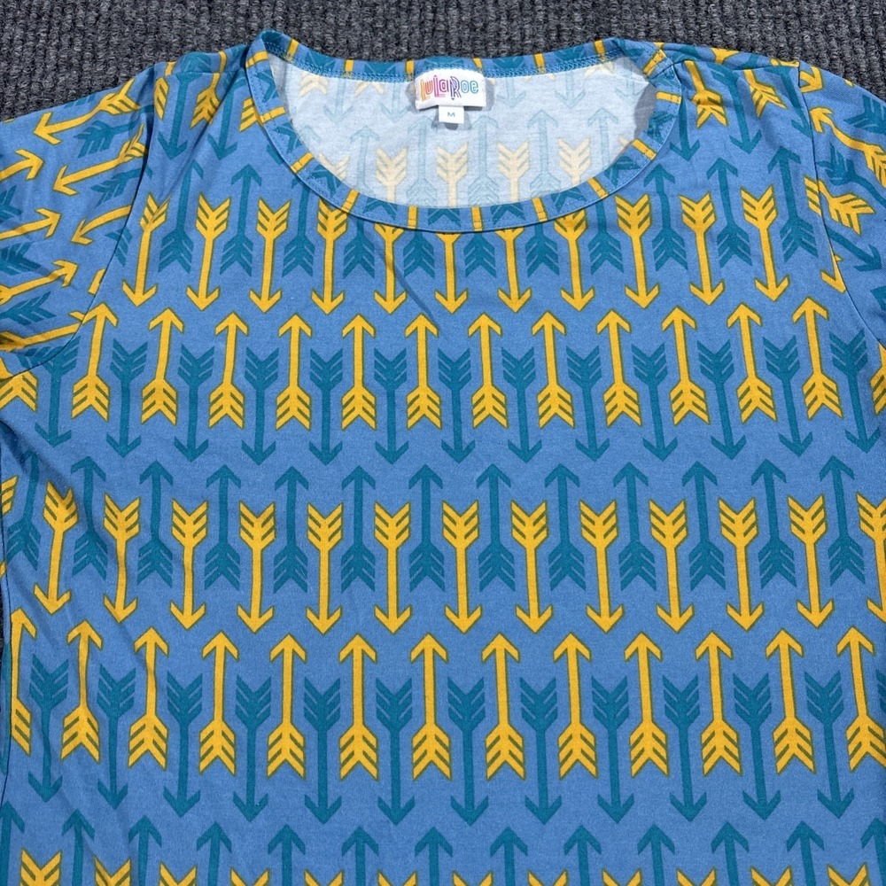 LuLaRoe Julia Dress Medium Blue Yellow Arrow Print Bodycon Midi‎ Stretch